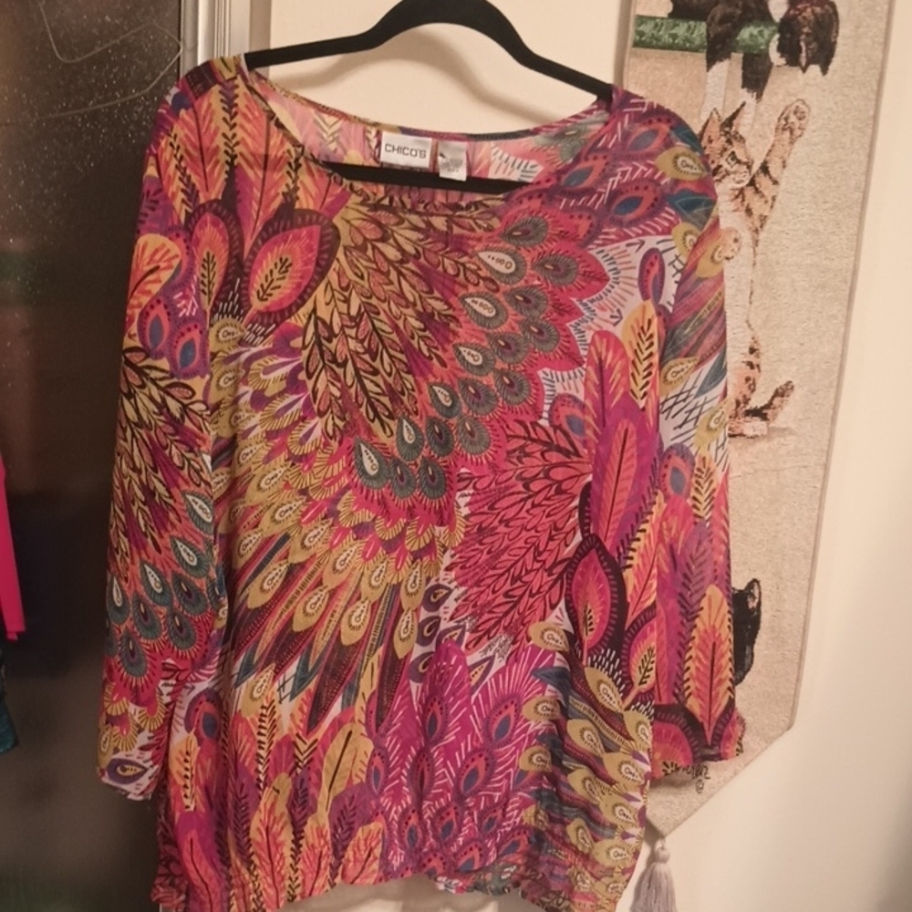 Chico's Multicolor Feather Print Blouse